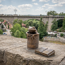 Eine Bronzestatue eines Frosches in einem Rohr und ein bronzenes offenes Buch mit einem QR-Code liegen auf einer Steinmauer. Im Hintergrund ist eine Brücke (Friedensbrücke) über der Spree und Bäumen zu sehen.